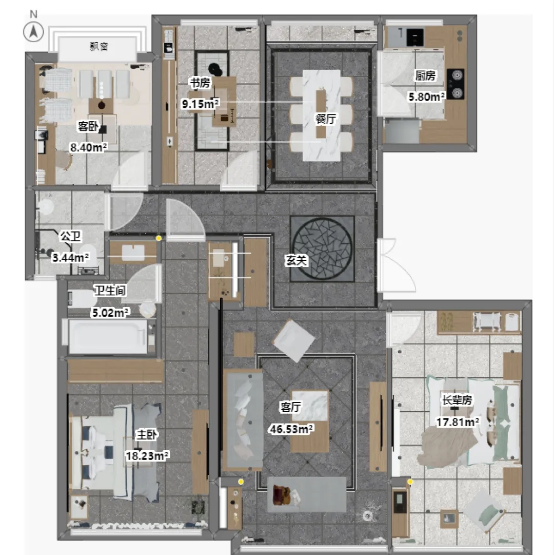 918博天堂岩板114.4㎡的平层住宅平面图